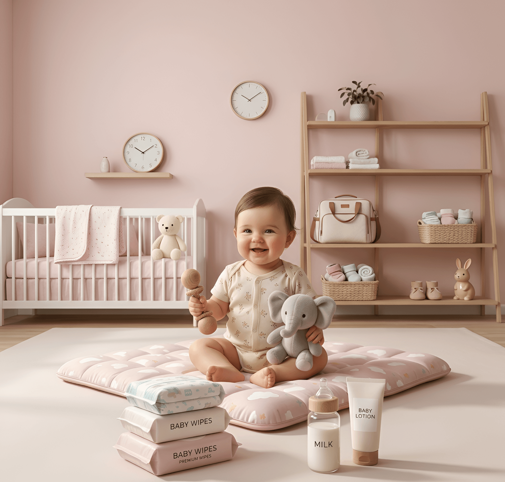 Happy baby sitting on a soft mat in a cozy nursery, surrounded by Supreme Nest essentials