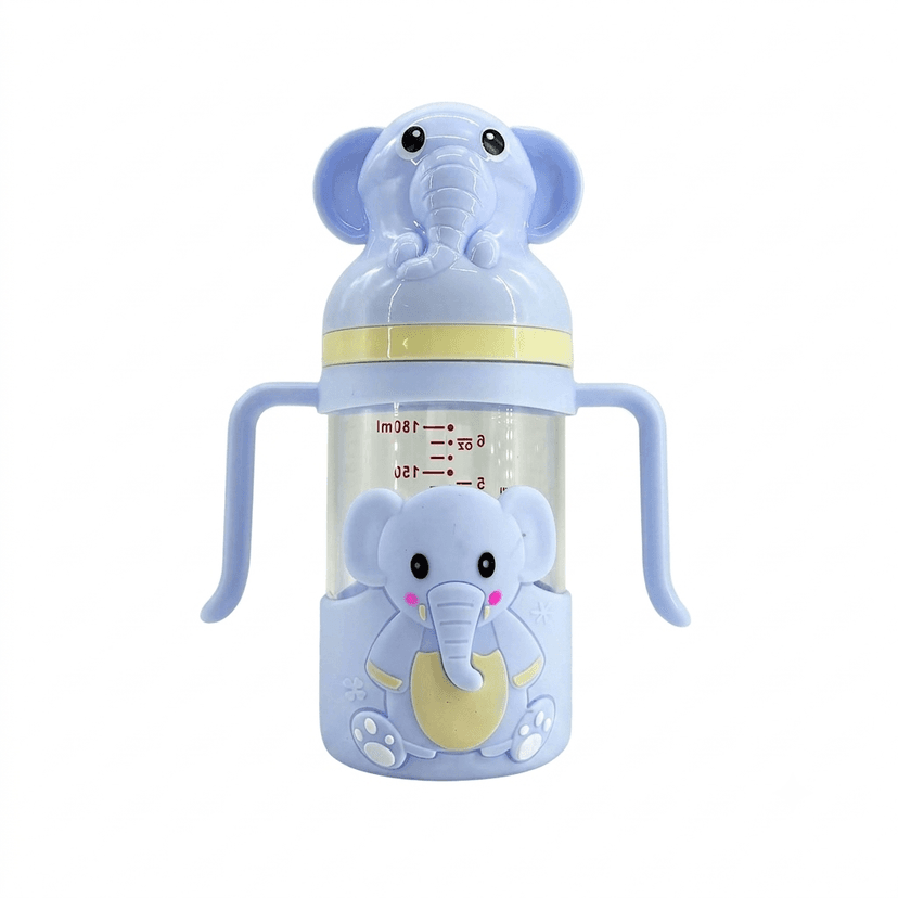 Elephant Glass Baby Feeding Bottle 180ml | BPA-Free Infant Milk & Water Bottle with Easy-Grip Handles, Protective 3D Silicone Sleeve | Clear Measurement Marks for Newborns, Infants & Toddlers (Blue)